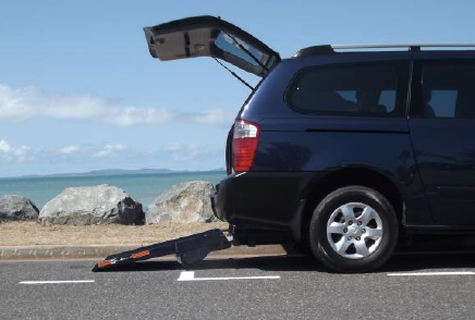 mobility van parked on near the beach on the capricorn coast with ramp down
